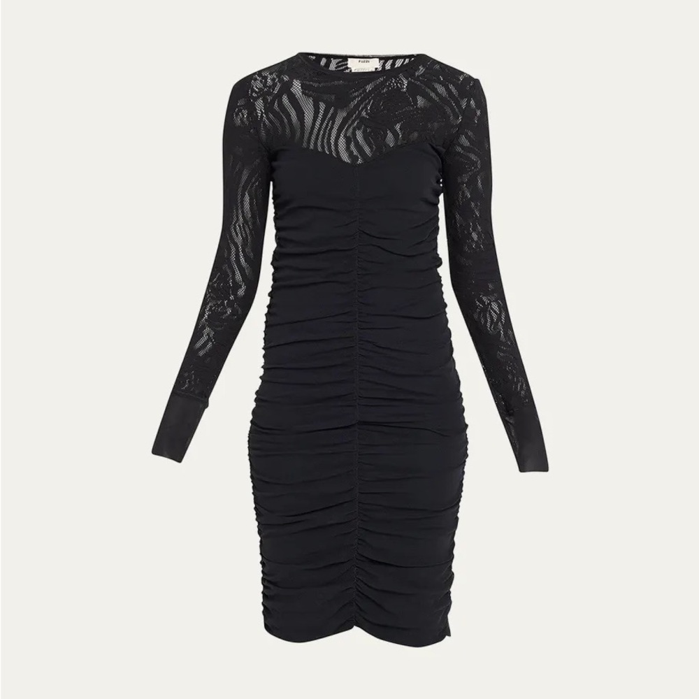 Fuzzi Ruched Lace-Yoke Tulle Dress in Black Size L